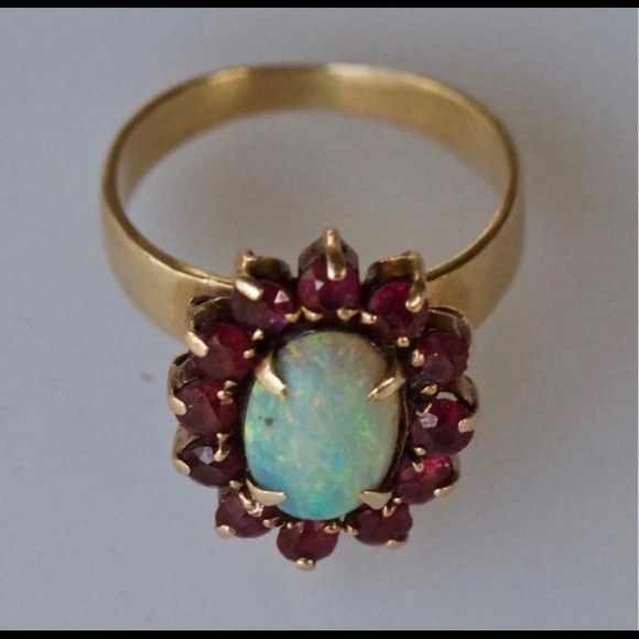 18k solid yellow gold Art Deco era opal ruby ring - Picture 2 of 11